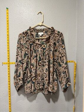 Evereve Floral Paisley Tie Neck Blouse Size L Boho Long Sleeve Top